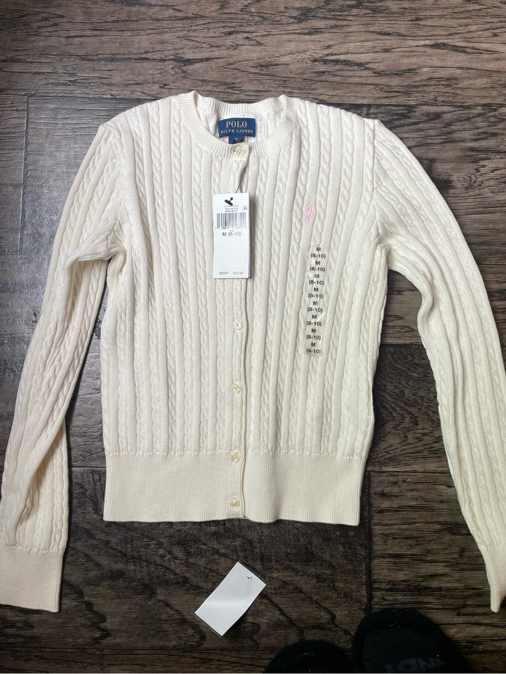 Polo by Ralph Lauren Ivory Cable-Knit Button Cardigan with Pink Pony